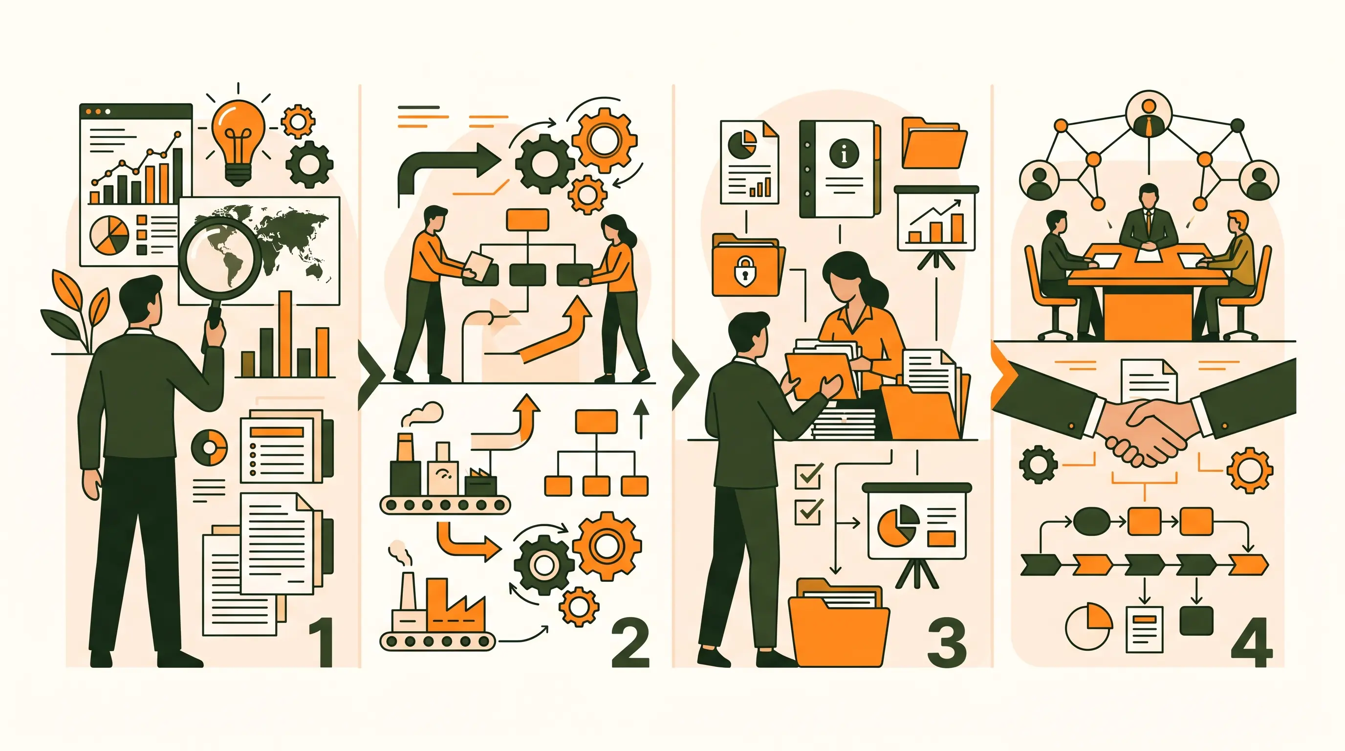 Understand → improve → prepare → transact. Use clear labels and restrained brand colours.