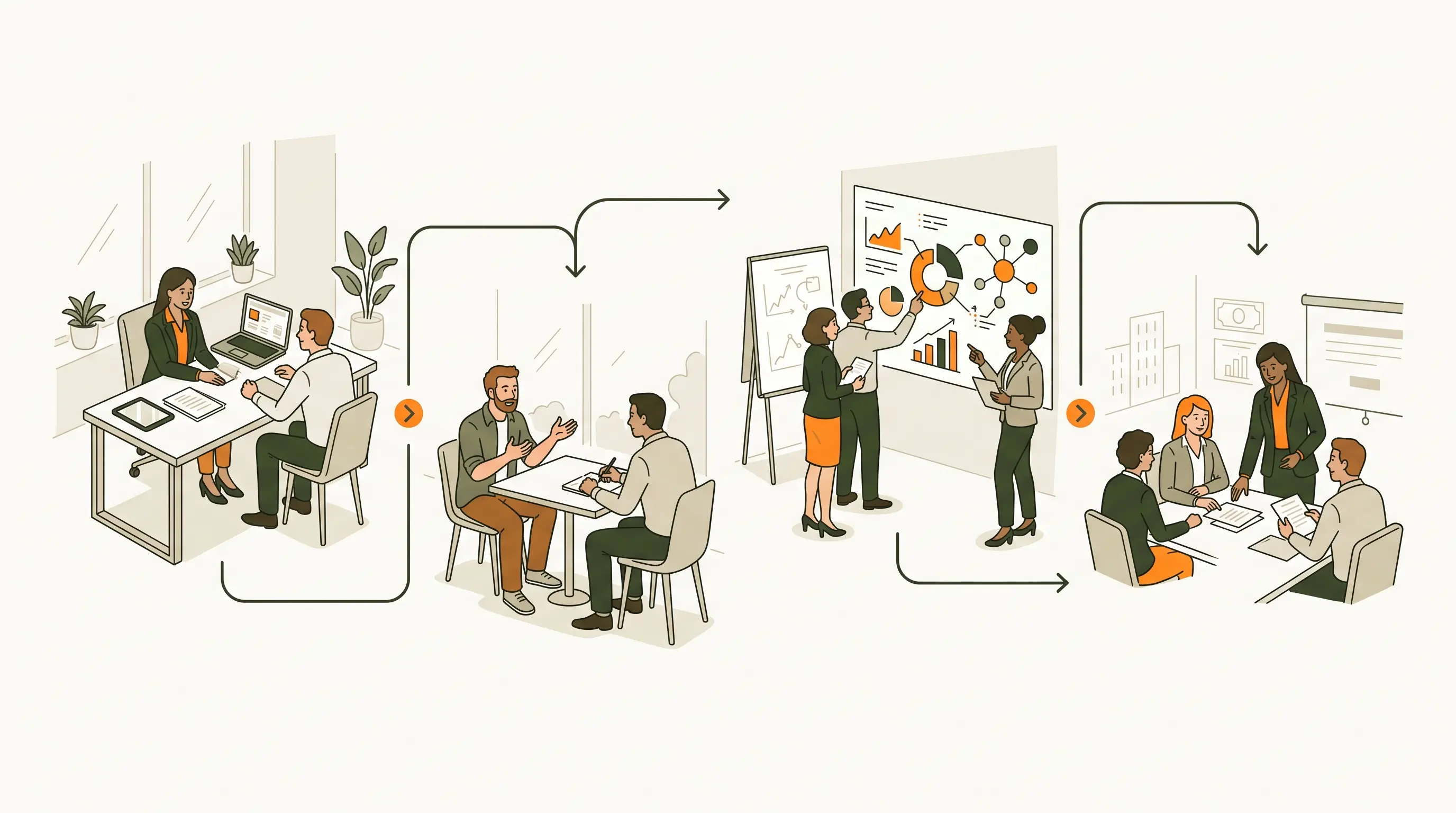 A clear journey from onboarding to first client work and supported deal delivery.