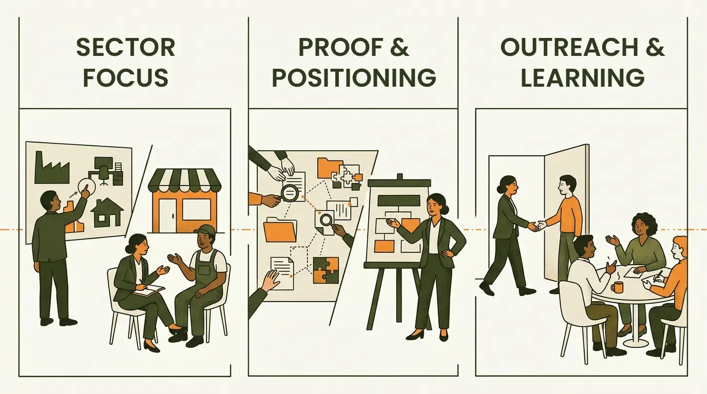 Three stages of 30 days: sector focus, proof and positioning, outreach and learning.